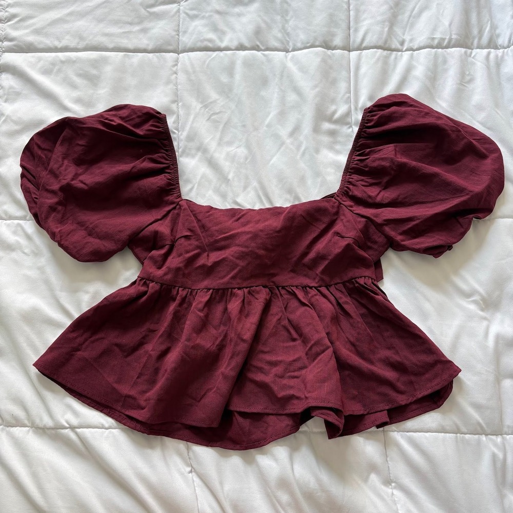 Francesca's Mi Ami Burgundy Puff Sleeve Peplum Tie Back Top Medium Feminine